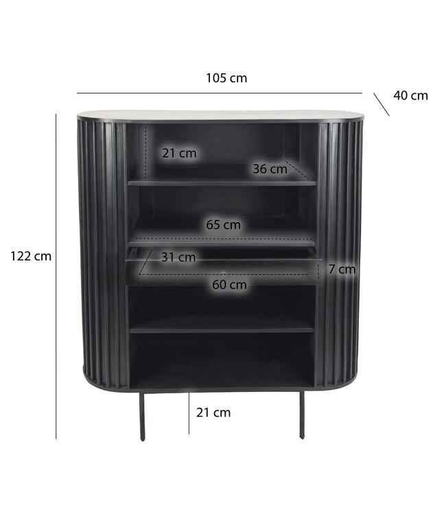 Wohnling Boekenkast Massief Hout Mango 105x122 cm Lamellen Design Zwart - Open Staand Rek met Lade - Opbergrek Metalen Poten - Woonkamerrek - Kleine Kast Rek Handgemaakt