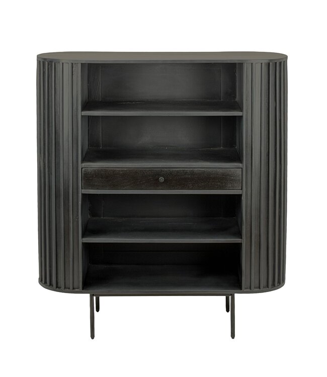 Wohnling Boekenkast Massief Hout Mango 105x122 cm Lamellen Design Zwart - Open Staand Rek met Lade - Opbergrek Metalen Poten - Woonkamerrek - Kleine Kast Rek Handgemaakt