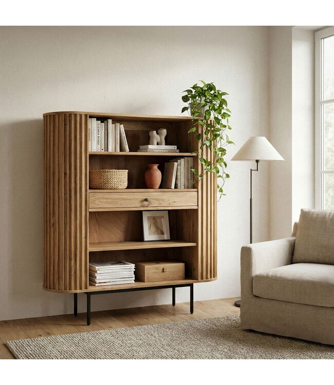Wohnling Boekenkast Massief Acaciahout 105x122 cm Lamellen Design - Open Staand Rek met Lade - Opbergrek Metalen Poten - Woonkamerrek - Kleine Kast Rek Handgemaakt