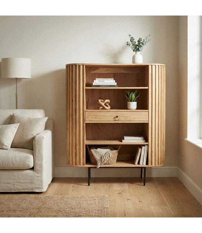 Wohnling Boekenkast Massief Acaciahout 105x122 cm Lamellen Design - Open Staand Rek met Lade - Opbergrek Metalen Poten - Woonkamerrek - Kleine Kast Rek Handgemaakt