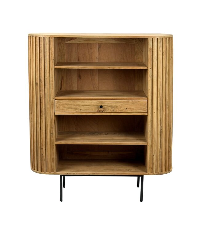 Wohnling Boekenkast Massief Acaciahout 105x122 cm Lamellen Design - Open Staand Rek met Lade - Opbergrek Metalen Poten - Woonkamerrek - Kleine Kast Rek Handgemaakt