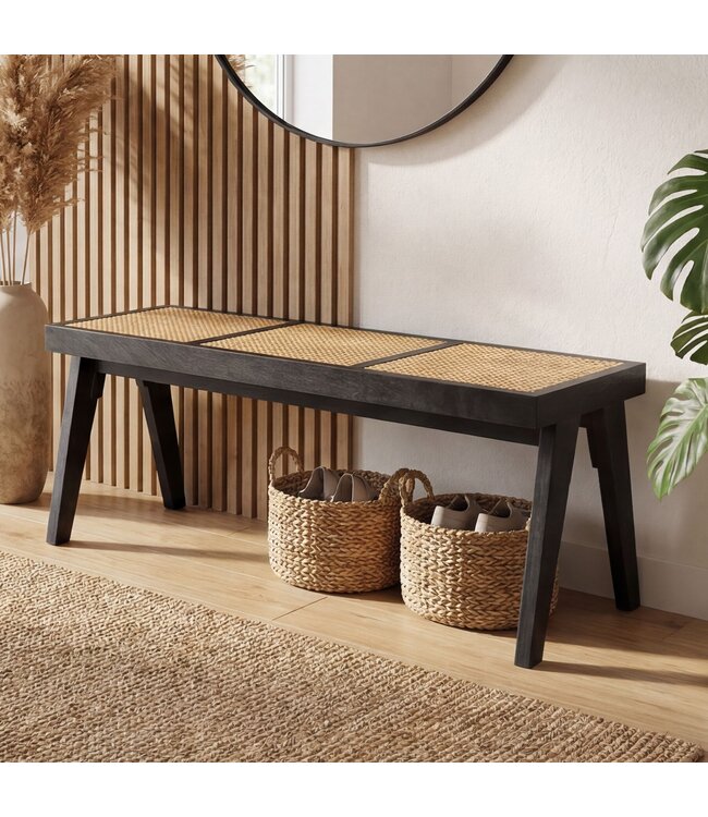 Wohnling Zitbank Rotan Acacia Massief Hout 120cm Zwart - Design Houten Bank Weens Vlechtwerk - Bedbank Halbank Retro - Eetkamerbank Handgemaakt