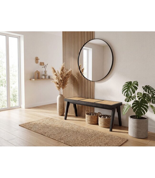Wohnling Zitbank Rotan Acacia Massief Hout 120cm Zwart - Design Houten Bank Weens Vlechtwerk - Bedbank Halbank Retro - Eetkamerbank Handgemaakt