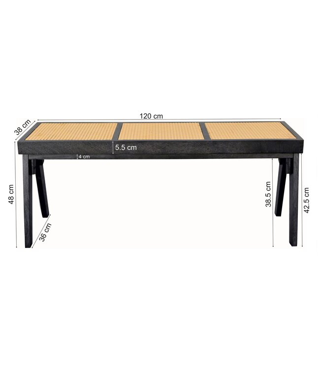 Wohnling Zitbank Rotan Acacia Massief Hout 120cm Zwart - Design Houten Bank Weens Vlechtwerk - Bedbank Halbank Retro - Eetkamerbank Handgemaakt