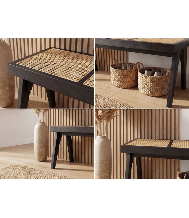 Wohnling Zitbank Rotan Acacia Massief Hout 120cm Zwart - Design Houten Bank Weens Vlechtwerk - Bedbank Halbank Retro - Eetkamerbank Handgemaakt