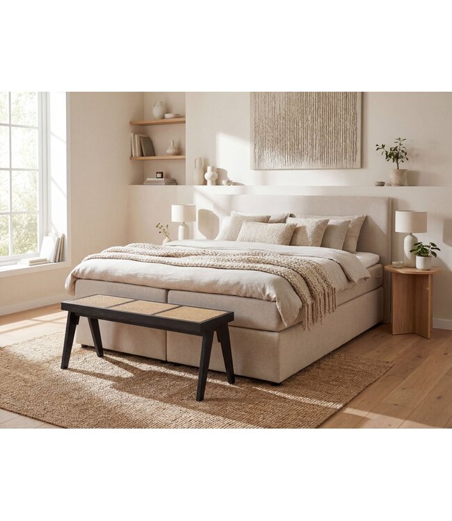 Wohnling Zitbank Rotan Acacia Massief Hout 120cm Zwart - Design Houten Bank Weens Vlechtwerk - Bedbank Halbank Retro - Eetkamerbank Handgemaakt