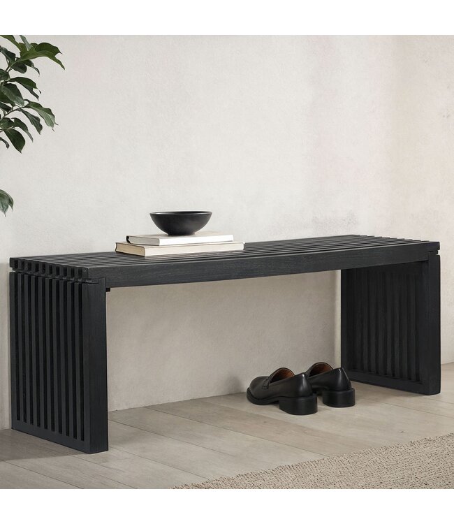 Wohnling Bank 120 cm van zwart massief acaciahout, kledingkastbank & bedbank modern, halbank hout voor entree slaapkamer woonkamer