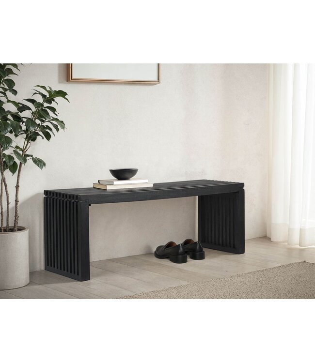 Wohnling Bank 120 cm van zwart massief acaciahout, kledingkastbank & bedbank modern, halbank hout voor entree slaapkamer woonkamer