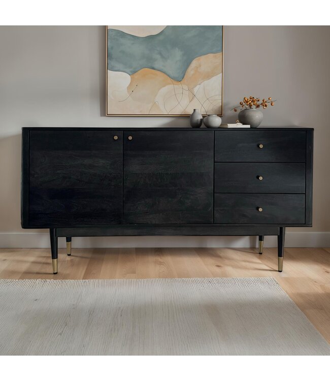 Wohnling Dressoir 160x81x42 cm Acacia Massief Houten Ladekast Zwart, Hoge Moderne Ladekast, Vrijstaande Kast met 2 Deuren en 3 Laden, Woonkamer Dressoir