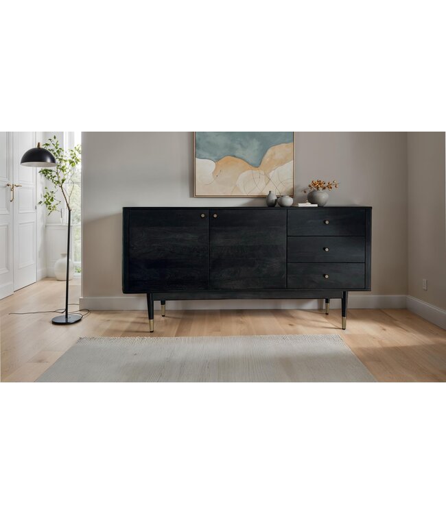 Wohnling Dressoir 160x81x42 cm Acacia Massief Houten Ladekast Zwart, Hoge Moderne Ladekast, Vrijstaande Kast met 2 Deuren en 3 Laden, Woonkamer Dressoir