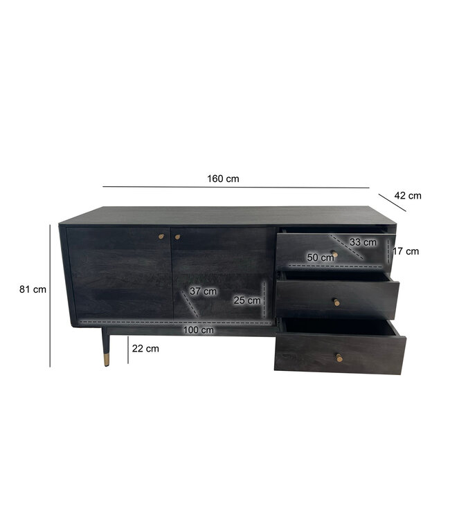 Wohnling Dressoir 160x81x42 cm Acacia Massief Houten Ladekast Zwart, Hoge Moderne Ladekast, Vrijstaande Kast met 2 Deuren en 3 Laden, Woonkamer Dressoir