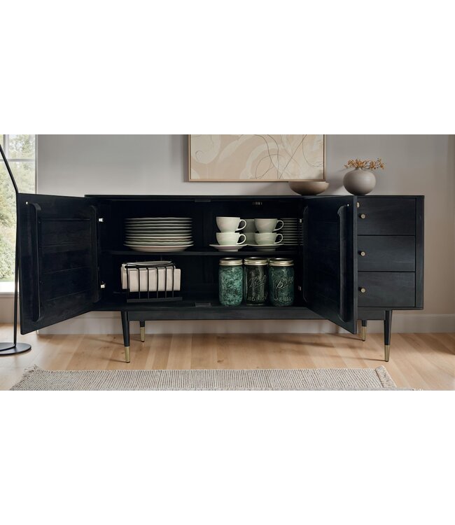 Wohnling Dressoir 160x81x42 cm Acacia Massief Houten Ladekast Zwart, Hoge Moderne Ladekast, Vrijstaande Kast met 2 Deuren en 3 Laden, Woonkamer Dressoir