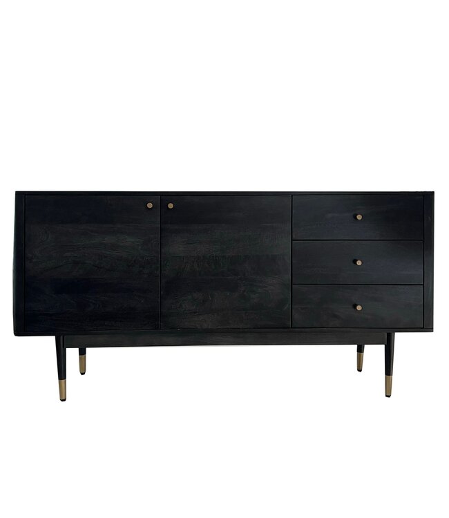 Wohnling Dressoir 160x81x42 cm Acacia Massief Houten Ladekast Zwart, Hoge Moderne Ladekast, Vrijstaande Kast met 2 Deuren en 3 Laden, Woonkamer Dressoir