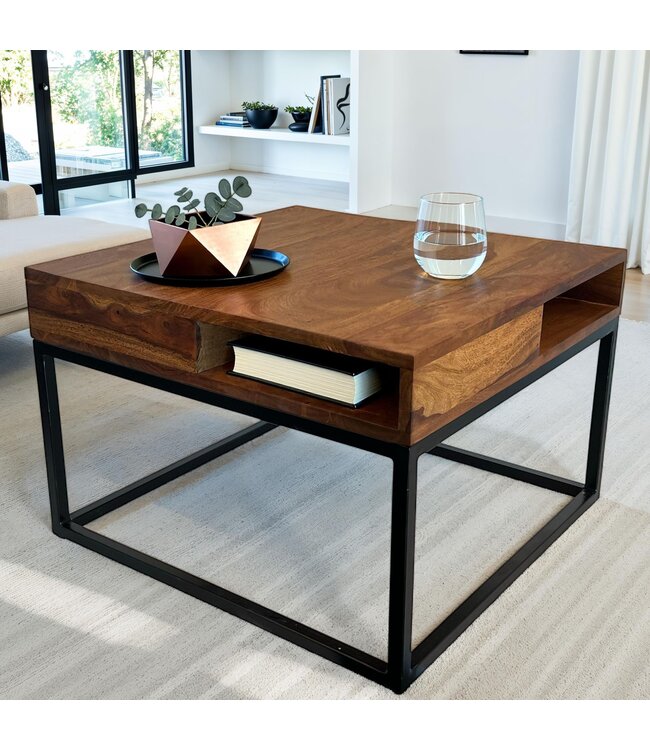 Wohnling Salontafel 60x60x40 cm Sheesham Massief Hout / Metalen Salontafel Vierkant, Woonkamertafel met Opbergruimte, Massieve Salontafel, Kleine Tafel, Bijzettafel Woonkamer Modern Vierkant