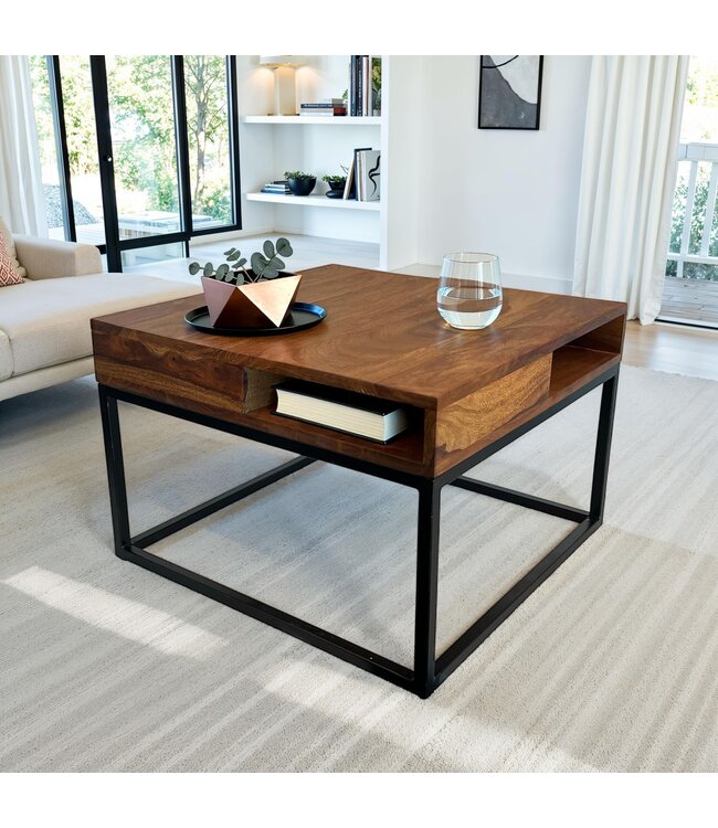 Wohnling Salontafel 60x60x40 cm Sheesham Massief Hout / Metalen Salontafel Vierkant, Woonkamertafel met Opbergruimte, Massieve Salontafel, Kleine Tafel, Bijzettafel Woonkamer Modern Vierkant