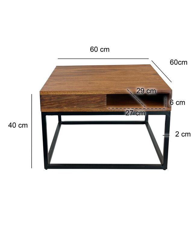 Wohnling Salontafel 60x60x40 cm Sheesham Massief Hout / Metalen Salontafel Vierkant, Woonkamertafel met Opbergruimte, Massieve Salontafel, Kleine Tafel, Bijzettafel Woonkamer Modern Vierkant
