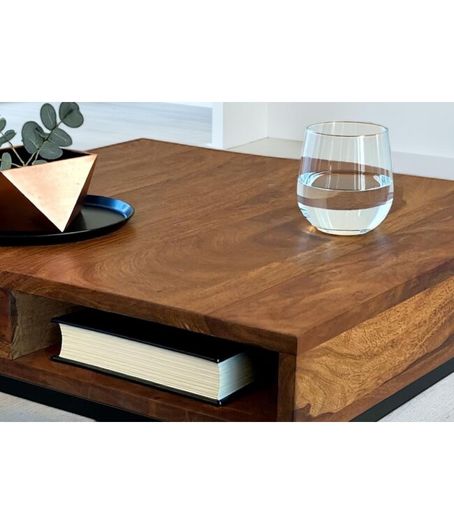 Wohnling Salontafel 60x60x40 cm Sheesham Massief Hout / Metalen Salontafel Vierkant, Woonkamertafel met Opbergruimte, Massieve Salontafel, Kleine Tafel, Bijzettafel Woonkamer Modern Vierkant