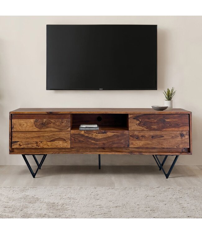 Wohnling TV Lowboard Sheesham Massief Hout 160 cm, TV-tafel met deuren, lade, open vak & kabeluitgang, TV-meubel met 3D fronten & zwarte metalen poten in industrieel design