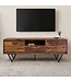Wohnling TV Lowboard Sheesham Massief Hout 160 cm, TV-tafel met deuren, lade, open vak & kabeluitgang, TV-meubel met 3D fronten & zwarte metalen poten in industrieel design