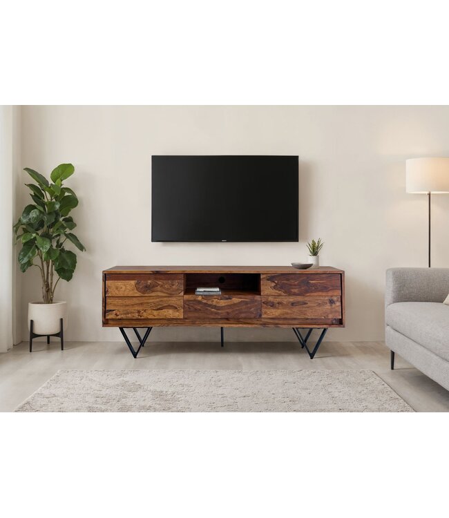 Wohnling TV Lowboard Sheesham Massief Hout 160 cm, TV-tafel met deuren, lade, open vak & kabeluitgang, TV-meubel met 3D fronten & zwarte metalen poten in industrieel design