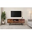 Wohnling TV Lowboard Sheesham Massief Hout 160 cm, TV-tafel met deuren, lade, open vak & kabeluitgang, TV-meubel met 3D fronten & zwarte metalen poten in industrieel design