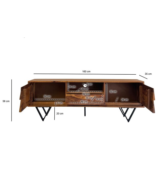 Wohnling TV Lowboard Sheesham Massief Hout 160 cm, TV-tafel met deuren, lade, open vak & kabeluitgang, TV-meubel met 3D fronten & zwarte metalen poten in industrieel design