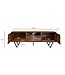 Wohnling TV Lowboard Sheesham Massief Hout 160 cm, TV-tafel met deuren, lade, open vak & kabeluitgang, TV-meubel met 3D fronten & zwarte metalen poten in industrieel design