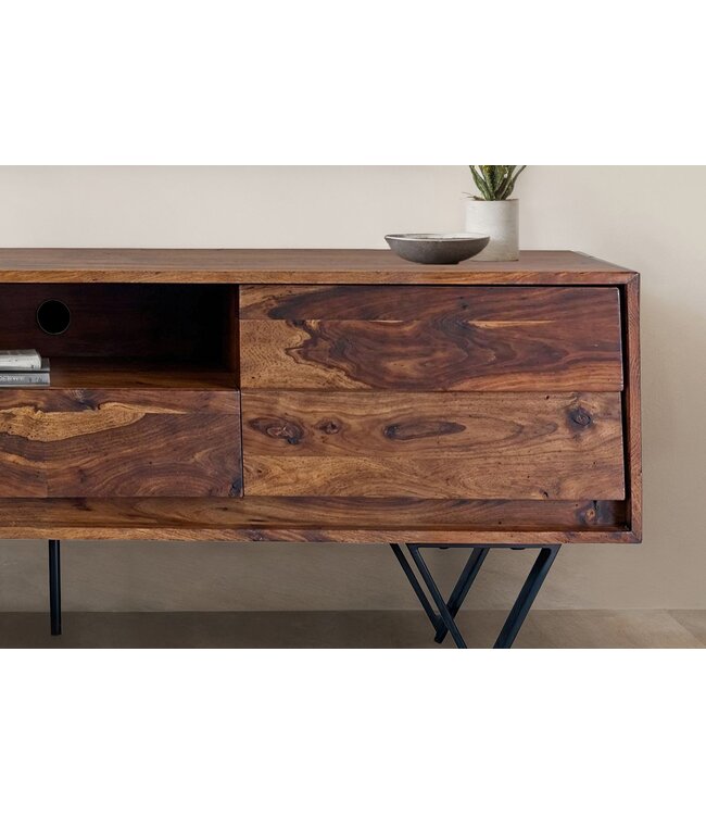 Wohnling TV Lowboard Sheesham Massief Hout 160 cm, TV-tafel met deuren, lade, open vak & kabeluitgang, TV-meubel met 3D fronten & zwarte metalen poten in industrieel design