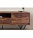 Wohnling TV Lowboard Sheesham Massief Hout 160 cm, TV-tafel met deuren, lade, open vak & kabeluitgang, TV-meubel met 3D fronten & zwarte metalen poten in industrieel design