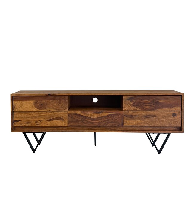 Wohnling TV Lowboard Sheesham Massief Hout 160 cm, TV-tafel met deuren, lade, open vak & kabeluitgang, TV-meubel met 3D fronten & zwarte metalen poten in industrieel design