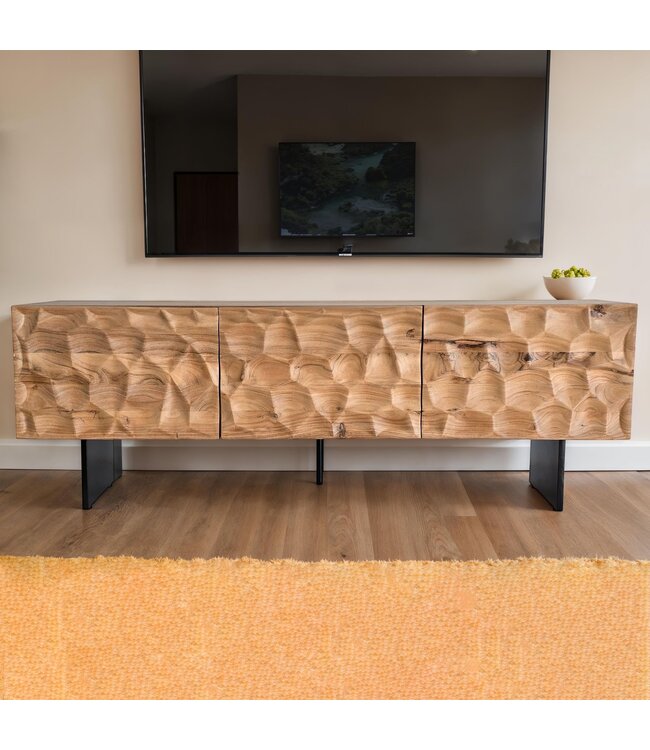 Wohnling Lowboard Acacia Massief Hout 160x56x37 cm TV-kast met Drie Deuren, Design TV-kast 3D Look Hoog, TV-tafel TV-kast Modern, TV-kast Woonkamer met Metalen Poten