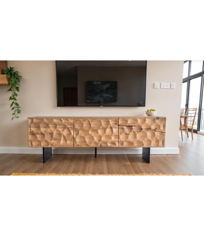 Wohnling Lowboard Acacia Massief Hout 160x56x37 cm TV-kast met Drie Deuren, Design TV-kast 3D Look Hoog, TV-tafel TV-kast Modern, TV-kast Woonkamer met Metalen Poten