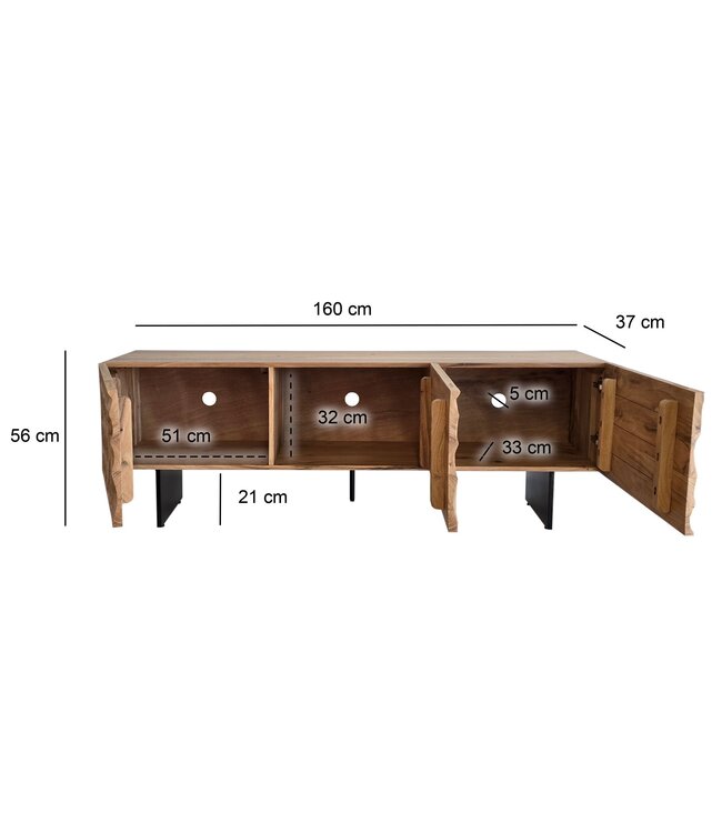 Wohnling Lowboard Acacia Massief Hout 160x56x37 cm TV-kast met Drie Deuren, Design TV-kast 3D Look Hoog, TV-tafel TV-kast Modern, TV-kast Woonkamer met Metalen Poten