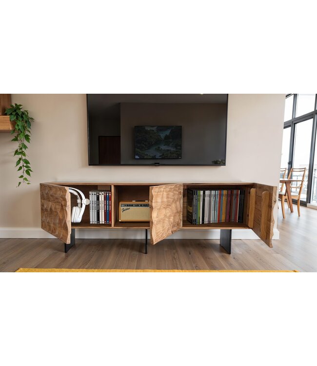 Wohnling Lowboard Acacia Massief Hout 160x56x37 cm TV-kast met Drie Deuren, Design TV-kast 3D Look Hoog, TV-tafel TV-kast Modern, TV-kast Woonkamer met Metalen Poten