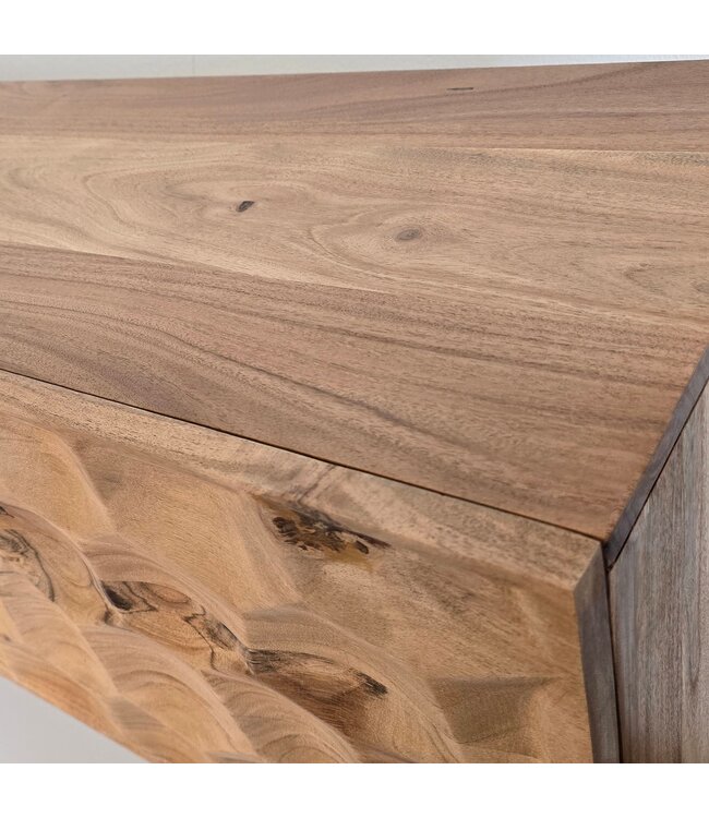 Wohnling Lowboard Acacia Massief Hout 160x56x37 cm TV-kast met Drie Deuren, Design TV-kast 3D Look Hoog, TV-tafel TV-kast Modern, TV-kast Woonkamer met Metalen Poten
