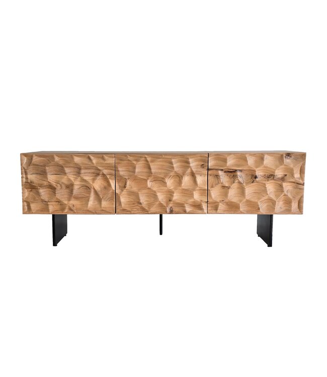 Wohnling Lowboard Acacia Massief Hout 160x56x37 cm TV-kast met Drie Deuren, Design TV-kast 3D Look Hoog, TV-tafel TV-kast Modern, TV-kast Woonkamer met Metalen Poten