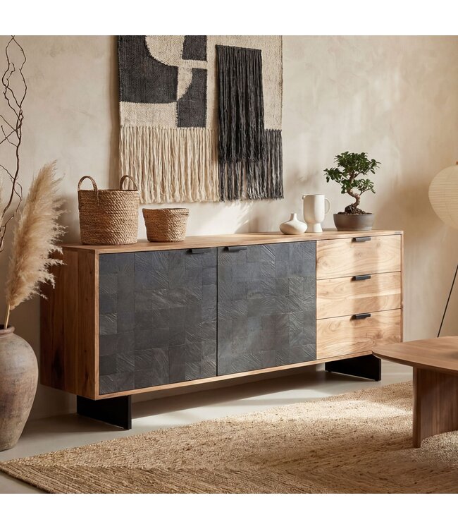 Wohnling Dressoir 175x76x40 cm Acacia Massief Houten Ladekast met Steenlook, Hoge Moderne Ladekast, Vrijstaande Kast met 2 Deuren en 3 Laden, Woonkamer Dressoir