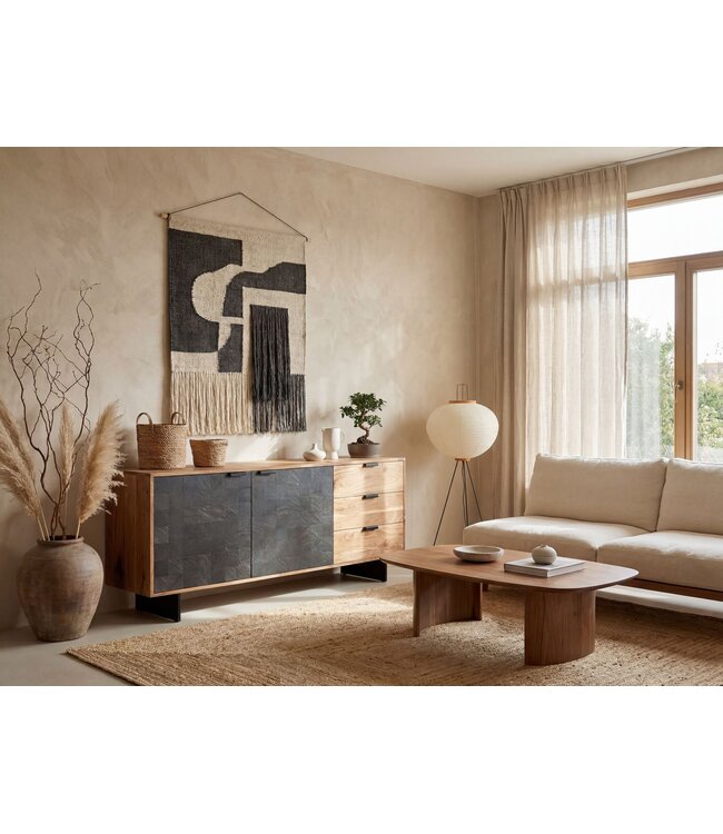 Wohnling Dressoir 175x76x40 cm Acacia Massief Houten Ladekast met Steenlook, Hoge Moderne Ladekast, Vrijstaande Kast met 2 Deuren en 3 Laden, Woonkamer Dressoir