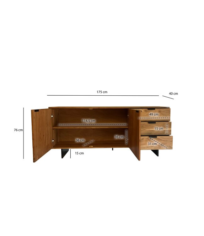 Wohnling Dressoir 175x76x40 cm Acacia Massief Houten Ladekast met Steenlook, Hoge Moderne Ladekast, Vrijstaande Kast met 2 Deuren en 3 Laden, Woonkamer Dressoir