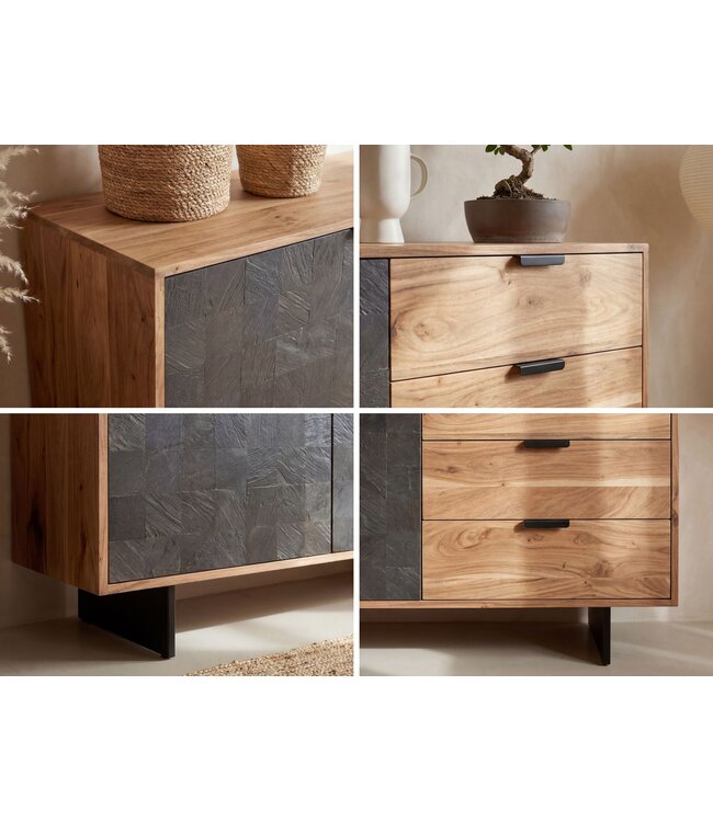 Wohnling Dressoir 175x76x40 cm Acacia Massief Houten Ladekast met Steenlook, Hoge Moderne Ladekast, Vrijstaande Kast met 2 Deuren en 3 Laden, Woonkamer Dressoir