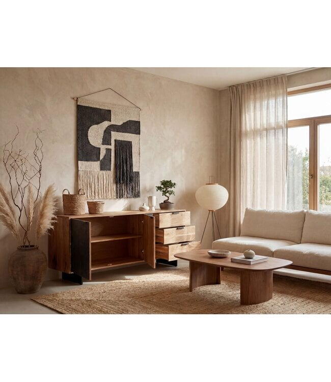 Wohnling Dressoir 175x76x40 cm Acacia Massief Houten Ladekast met Steenlook, Hoge Moderne Ladekast, Vrijstaande Kast met 2 Deuren en 3 Laden, Woonkamer Dressoir