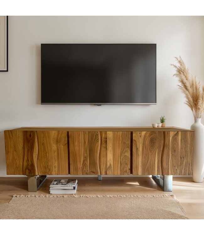 Wohnling Lowboard Acacia Massief Hout 160x56x46 cm TV-kast met Drie Deurtjes, Design TV-kast Hoog, Moderne TV-kast, Woonkamer TV-kast met Metalen Poten