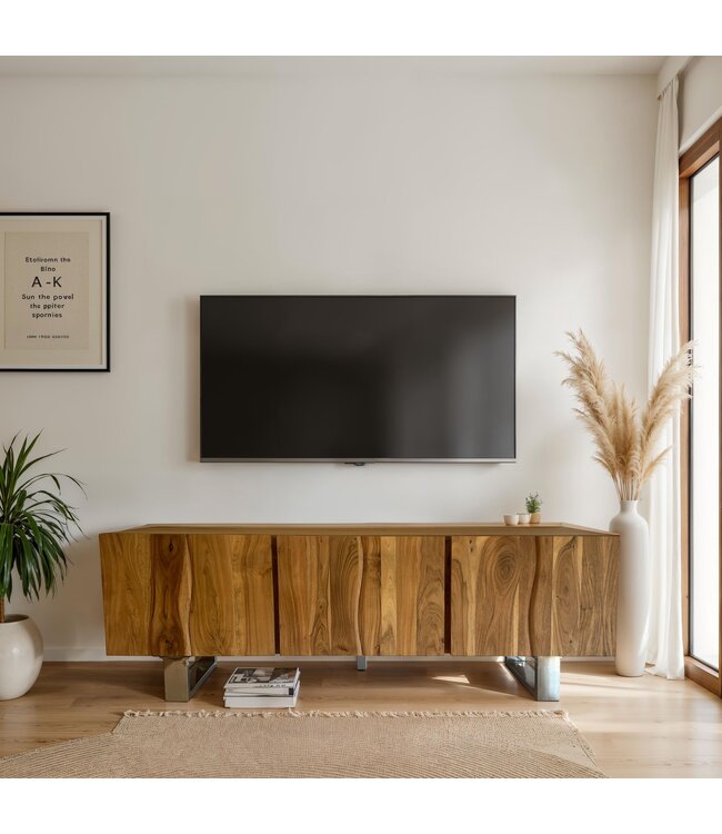 Wohnling Lowboard Acacia Massief Hout 160x56x46 cm TV-kast met Drie Deurtjes, Design TV-kast Hoog, Moderne TV-kast, Woonkamer TV-kast met Metalen Poten