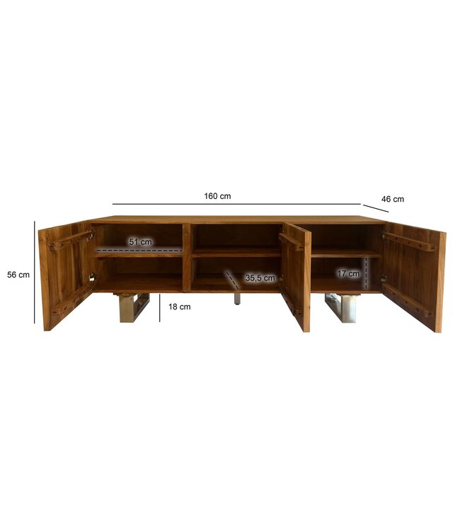 Wohnling Lowboard Acacia Massief Hout 160x56x46 cm TV-kast met Drie Deurtjes, Design TV-kast Hoog, Moderne TV-kast, Woonkamer TV-kast met Metalen Poten