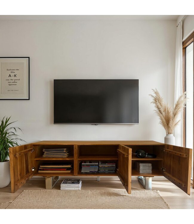 Wohnling Lowboard Acacia Massief Hout 160x56x46 cm TV-kast met Drie Deurtjes, Design TV-kast Hoog, Moderne TV-kast, Woonkamer TV-kast met Metalen Poten