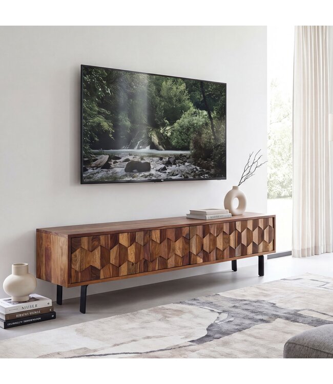 Wohnling Lowboard Sheesham Massief Hout 160 cm, TV-meubel met 3D Fronten, 4 Deurtjes, Kabeldoorvoer & Zwarte Metalen Poten, Design TV-meubel voor Woonkamer