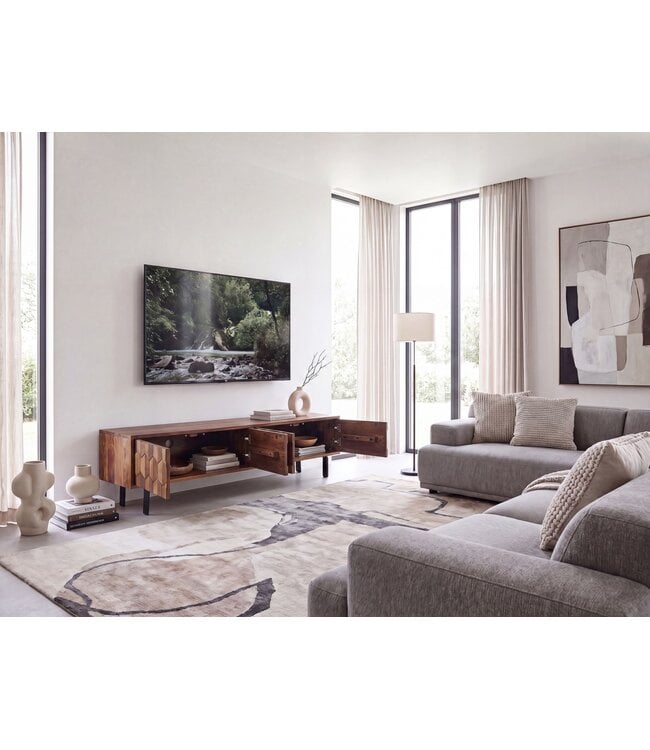 Wohnling Lowboard Sheesham Massief Hout 160 cm, TV-meubel met 3D Fronten, 4 Deurtjes, Kabeldoorvoer & Zwarte Metalen Poten, Design TV-meubel voor Woonkamer