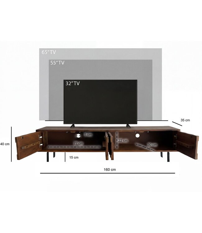 Wohnling Lowboard Sheesham Massief Hout 160 cm, TV-meubel met 3D Fronten, 4 Deurtjes, Kabeldoorvoer & Zwarte Metalen Poten, Design TV-meubel voor Woonkamer