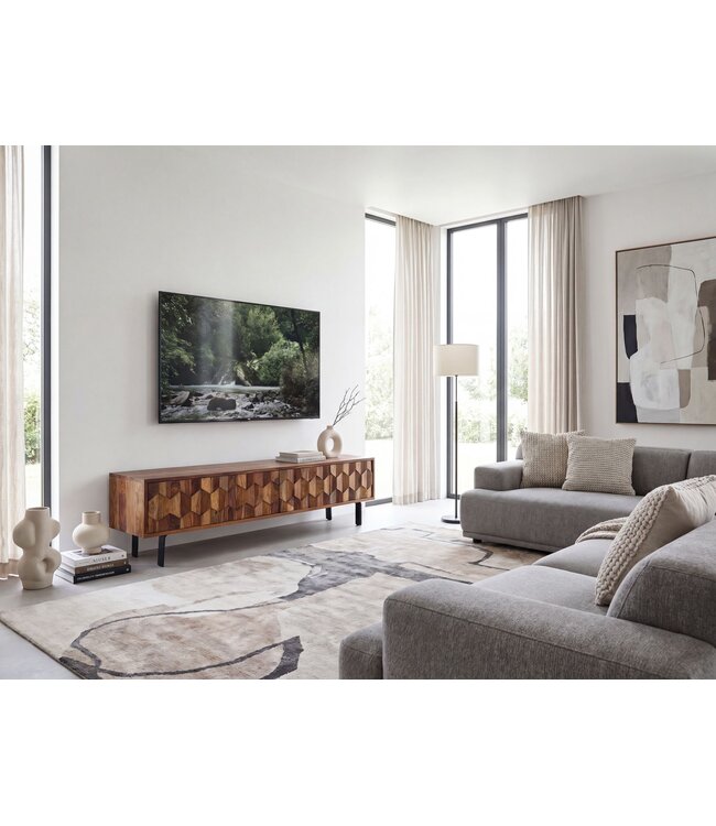 Wohnling Lowboard Sheesham Massief Hout 160 cm, TV-meubel met 3D Fronten, 4 Deurtjes, Kabeldoorvoer & Zwarte Metalen Poten, Design TV-meubel voor Woonkamer