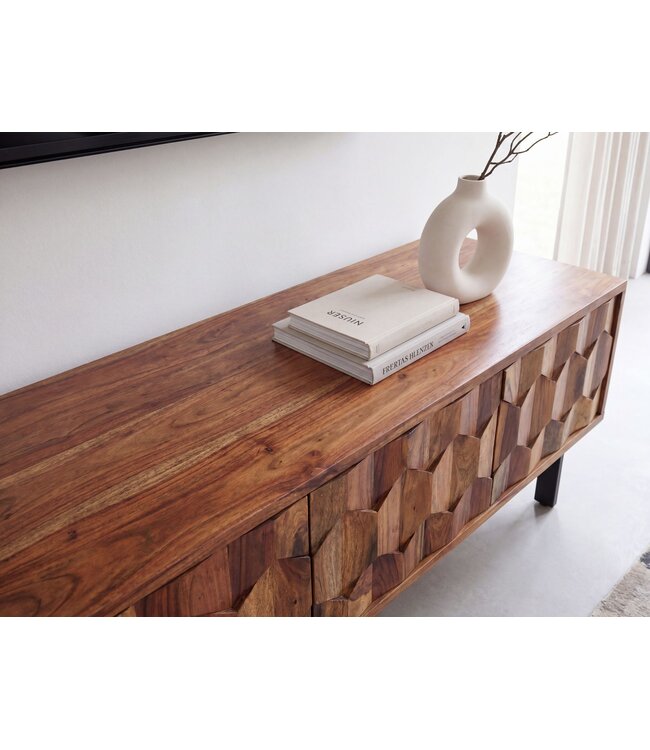 Wohnling Lowboard Sheesham Massief Hout 160 cm, TV-meubel met 3D Fronten, 4 Deurtjes, Kabeldoorvoer & Zwarte Metalen Poten, Design TV-meubel voor Woonkamer
